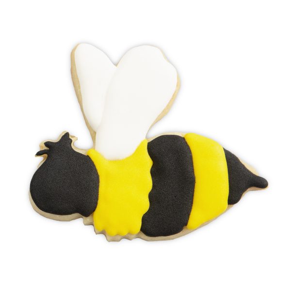 verziertes Plätzchen Biene schwarz, gelb mit weißen Flügeln
