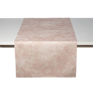 Tischläufer rosefarben mit zartem Druck in weiß von Blättern, Blüten und Hase mit Blume
