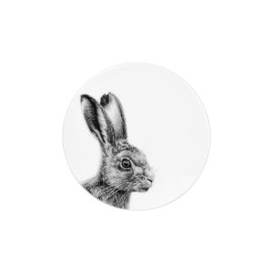 Deckel / Untersetzer weißes Porzellan mit Abbildung Hase in schwarz