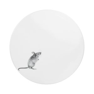 Platte rund weißes Porzellan mit Abbildunf Mäuschen auf Hinterbeinen aufrecht stehend am linken unteren Rand in schwarz