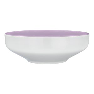 Schale außen weißes Porzellan, innen hell violettfarben gespritzt (die erste mütze), Form leicht konisch nach oben zulaufend