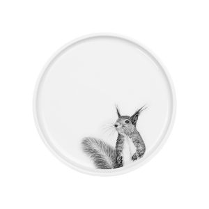 Teller rund weißes Porzellan mit Abbildung Eichhörnchen in schwarz