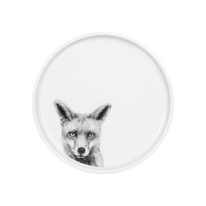 Teller weißes Porzellan mit Abbildung Fuchs in schwarz
