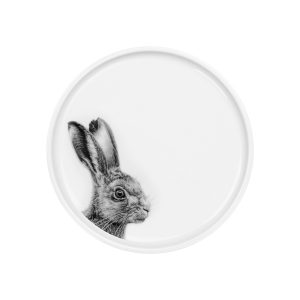 Teller weißes Porzellan mit Abbildung Hasenkopf auf gestellte Ohren in schwarz