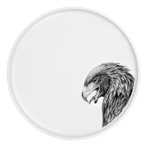 Teller weißes Porzellan mit Abbildung Adlerkopf von der Seite in schwarz