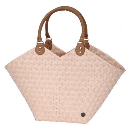 Shopper in Herzform handgeflochten in kleinem Rautenmuster, Farbe zartes rose, Henkel weit in braun
