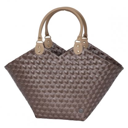 Tasche in Herzform handgeflochten in kleinem Rautenmuster, Henkel weit in braun