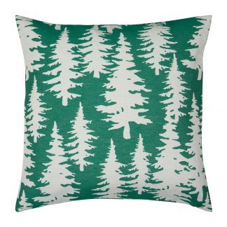 Kissenhülle in grün mit weißen Tannenbäumen abgebildet