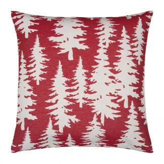 Kissenhülle in rot mit weißen Tannen abgebildet