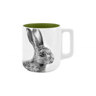Henkelbecher außen weiß mit Abb. Hase in schwarz, innen sattes dunkles grün (unterm baum)