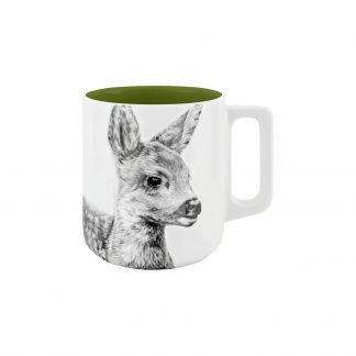 Henkelbecher außen weiß mit Abb. Kitz in schwarz, innen kräftiges dunkles grün (unterm baum)