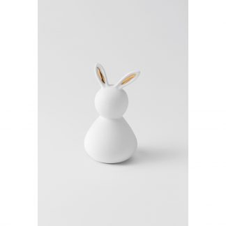 weißer rundlicher Porzellanhase ohne Gesicht mit stehenden Ohren, Ohren innen mit Golddecal