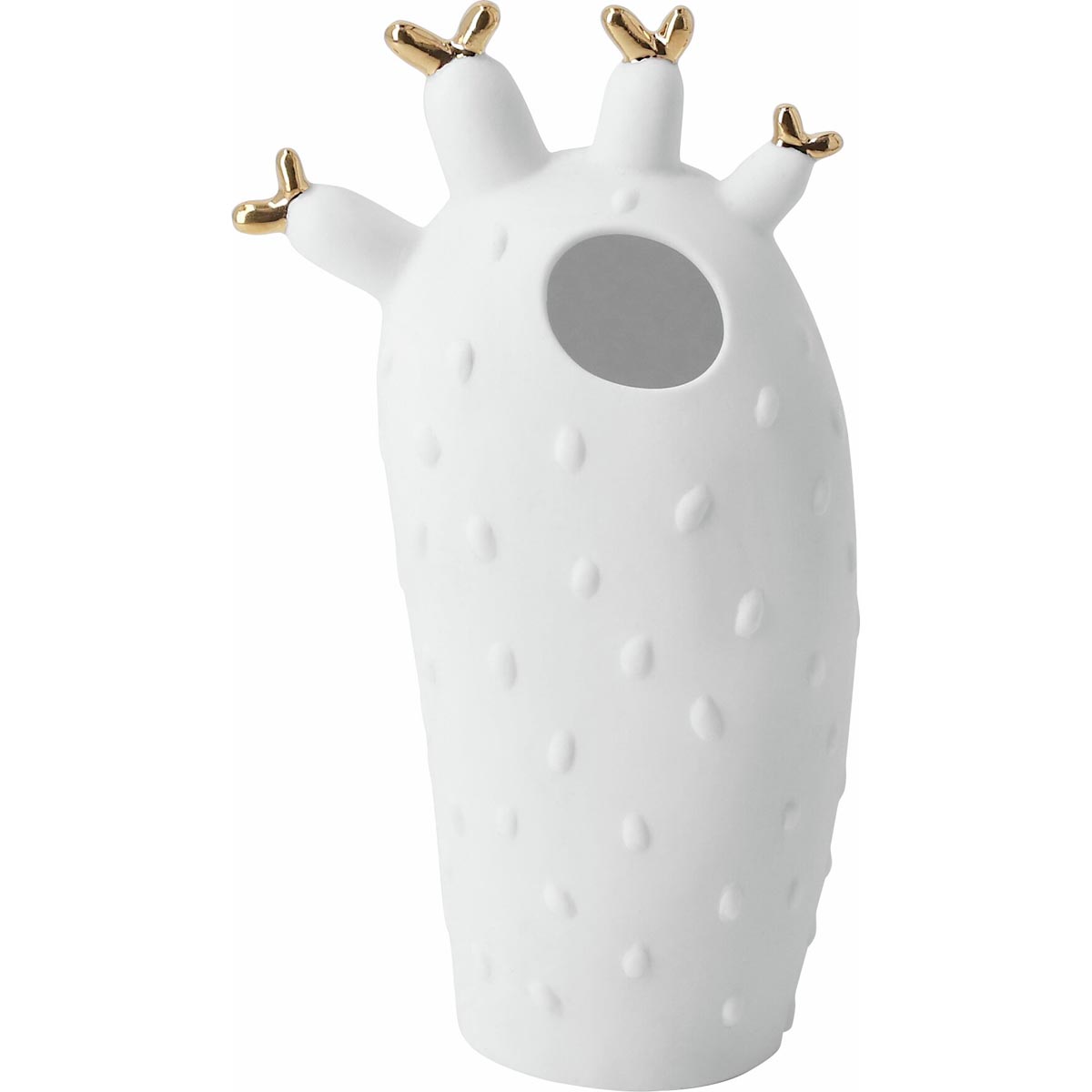 weiße Porzellanvase in Form eines Korallenkaktus mit Prägung von Stacheln in weiß und goldfarbenen Blüten, oben kleine Öffnung für Blüten oder Stengel