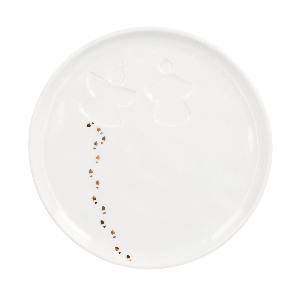 Teller weißes Porzellan mit Prägung von 2 Engeln und goldenen Fußspuren