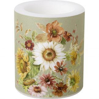 Windlicht aus Wachs, außen mit Druckdekor, Grudfarbe grün mit herbstlichen farbigen Blüten in grün, weiß und gelb mit Brauntönen