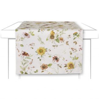 herbstlicher Tischläufer mt Grundfarbe creme und Druck von hübschen herbstlichen Blüten in gelb, grün und Brauntönen