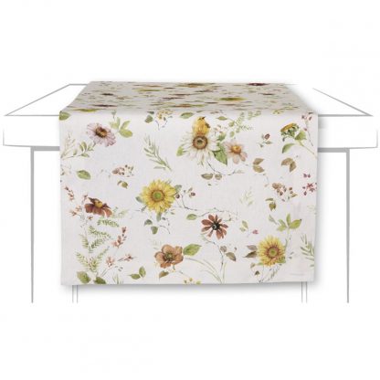 herbstlicher Tischläufer mt Grundfarbe creme und Druck von hübschen herbstlichen Blüten in gelb, grün und Brauntönen