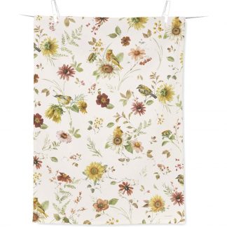 hübsches Geschirrtuch mit herbstlichem Blumenmotiv, Grundfarbe creme mit Blütendruck in den Farben gelb, grün und braun