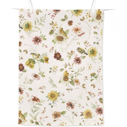 hübsches Geschirrtuch mit herbstlichem Blumenmotiv, Grundfarbe creme mit Blütendruck in den Farben gelb, grün und braun