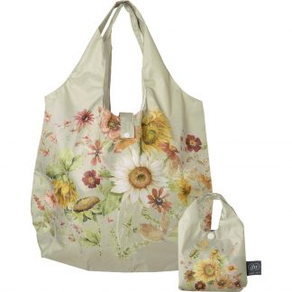 hübsche und praktische Einkaufstasche mit Aufbewahrungssäckchen, mit Druck von herbstlichen Blüten, abwischbar