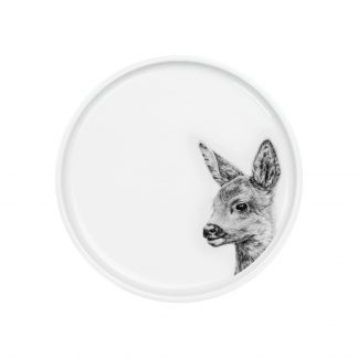 Teller weißes Porzellan mit Abbildung Rehkitz-Kopf in schwarz-weiß