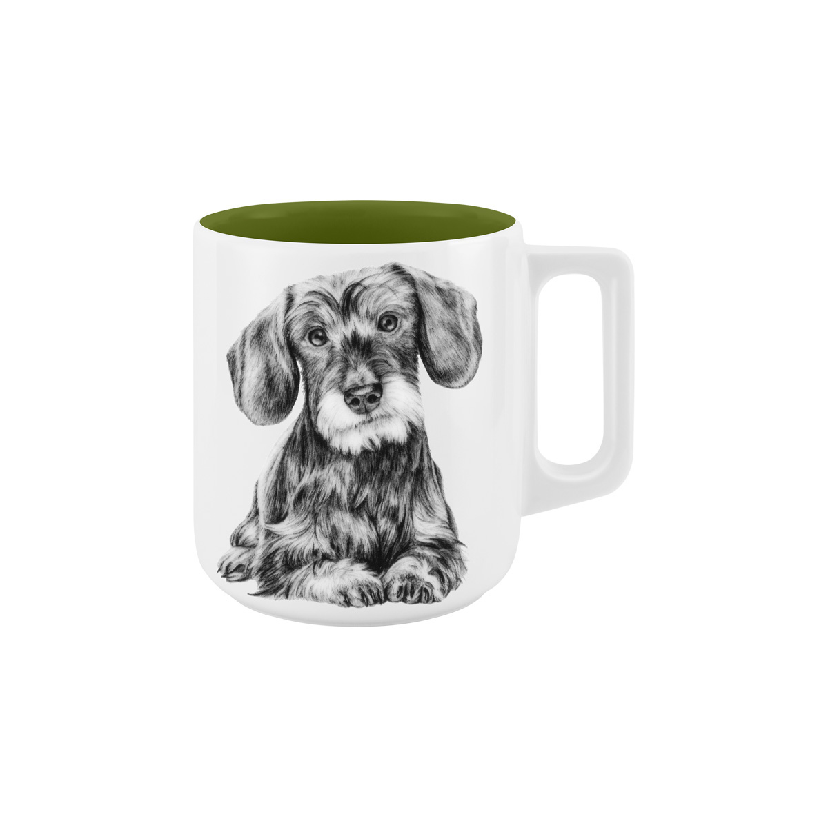 Henkelbecher außen weißes Porzellan mit Abbildung Rauhaardackel in schwarz suf Vorderseite, innen dunkles waldiges grün