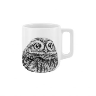 Henkelbecher außen und innen weißes Porzellan mit Abbildung Eule in schwarz auf Vorderseite