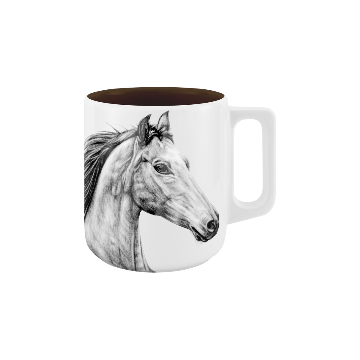 Henkelbecher außen weißes Porzellan mit Abbildung Pferdekopf im Profil auf Vorderseite in schwarz, innen dunkles scholkoladenbraun
