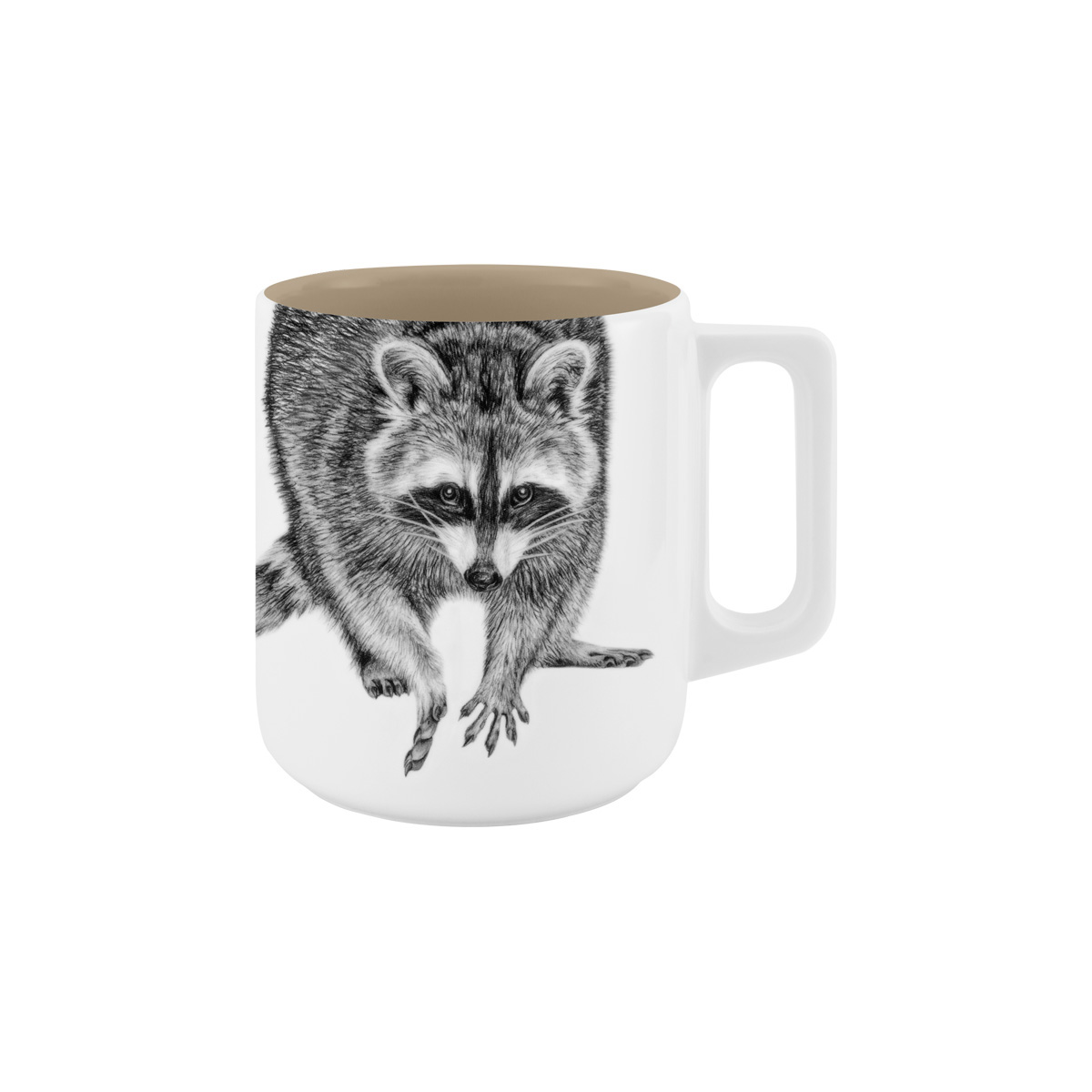 Henkelbecher außen weißes porzellan mit Abbildung Waschbär in schwarz auf Vorderseite, innen mokkafarben
