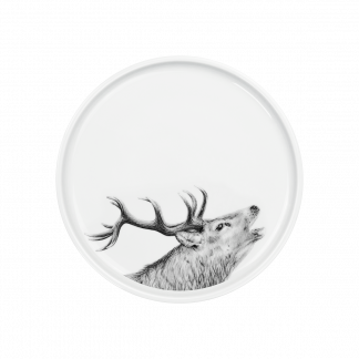 Teller weißes Porzellan mit Druck röhrender Hirsch vom unteren Tellerrand ausgehend