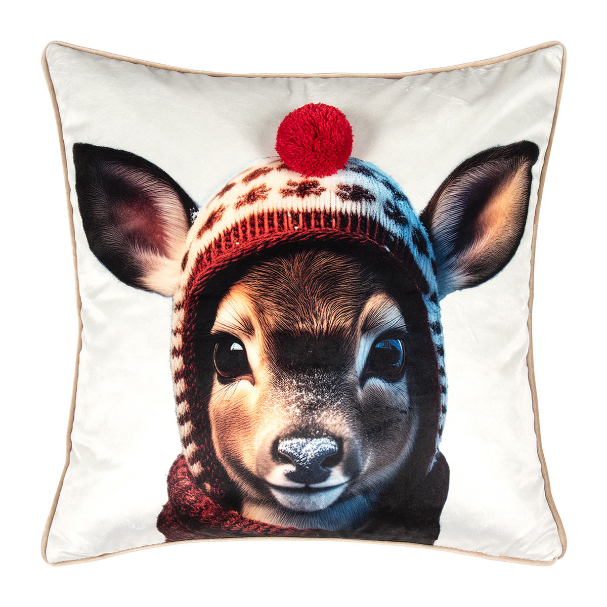helle cremeweiße Kissenhülle, kuschelig weich, mit 3-D-Druck eines Bambikopfes mit farbiger gestrickter Mütze und einer aufgesetuten rot gestrickten Bommel