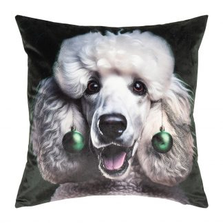 samitg weiche Kissenhülle in dunkelgrün mit 3-D-Druck weißer pudelkopf und leuchtenden grünen Baumkugeln als Ohrschmuck