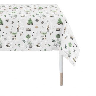 Tischdecke Grundfarbe grau mit Druck von kleinen weihnachtlichen Motiven flächig über die Decke, vornehmlich in Grüntönen und gedeckten Farben