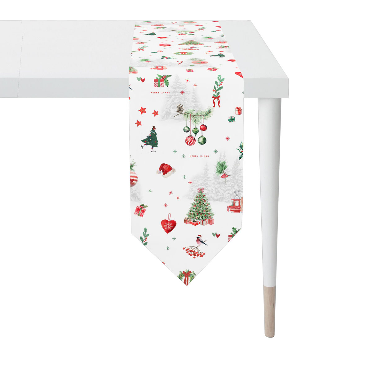 schmales langes Tischband, Grundfarbe weiß mit Druck von kleinen weihnachtlichen Motiven / Accessoires in rot und bunt, flächig über das Tischband