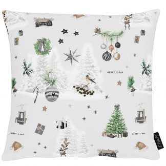Kissenhülle Grundfarbe grau mit Druck von kleinen weihnachtlichen Motiven in grün und anderen gedeckten Farben