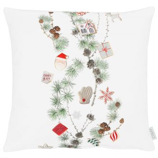 Kissen Grundfarbe weiß mit Druck von kleinen Lerchenzweigen in grün und kleinen winterlichen Accessoires farbig, Abb. hier 40x40 cm