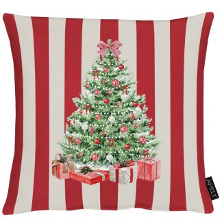 Kissenhülle rot / creme gestreift mit Digitaldruck Weihnachtsbaum in grün, farbig geschmückt und Geschenke unter Baum liegend