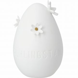 Frontansicht Ei mit Prägung im unteren Bereich "Frühlingstanz" in weißem unglasierten Porzellan und aufgesetzten einzelnen Blüten mit Golddecal im oberen Bereich