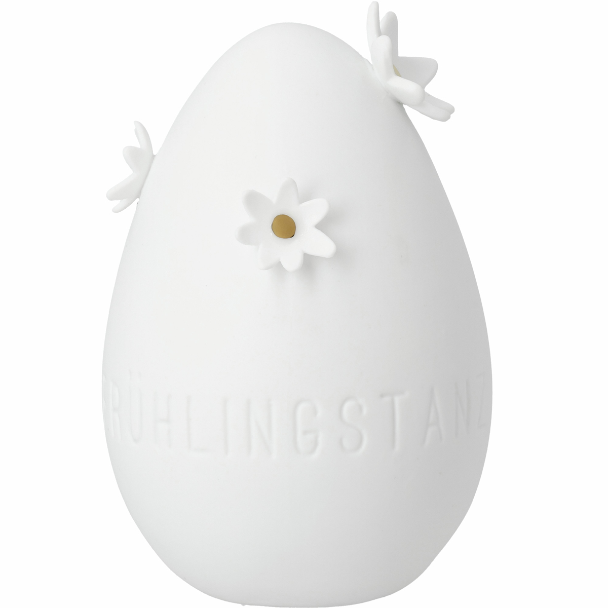 Frontansicht Ei mit Prägung im unteren Bereich "Frühlingstanz" in weißem unglasierten Porzellan und aufgesetzten einzelnen Blüten mit Golddecal im oberen Bereich
