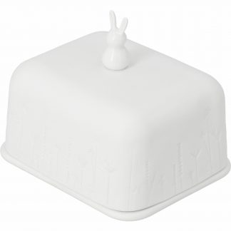Butterdose weißes außen unglasiertes porzellan mit Prägung von Ranken und Blüten an den Seiten, oben auf Deckel sitzt ein kleiner Hase aufrecht (ebf. unglasiertes weißes Porzellan)